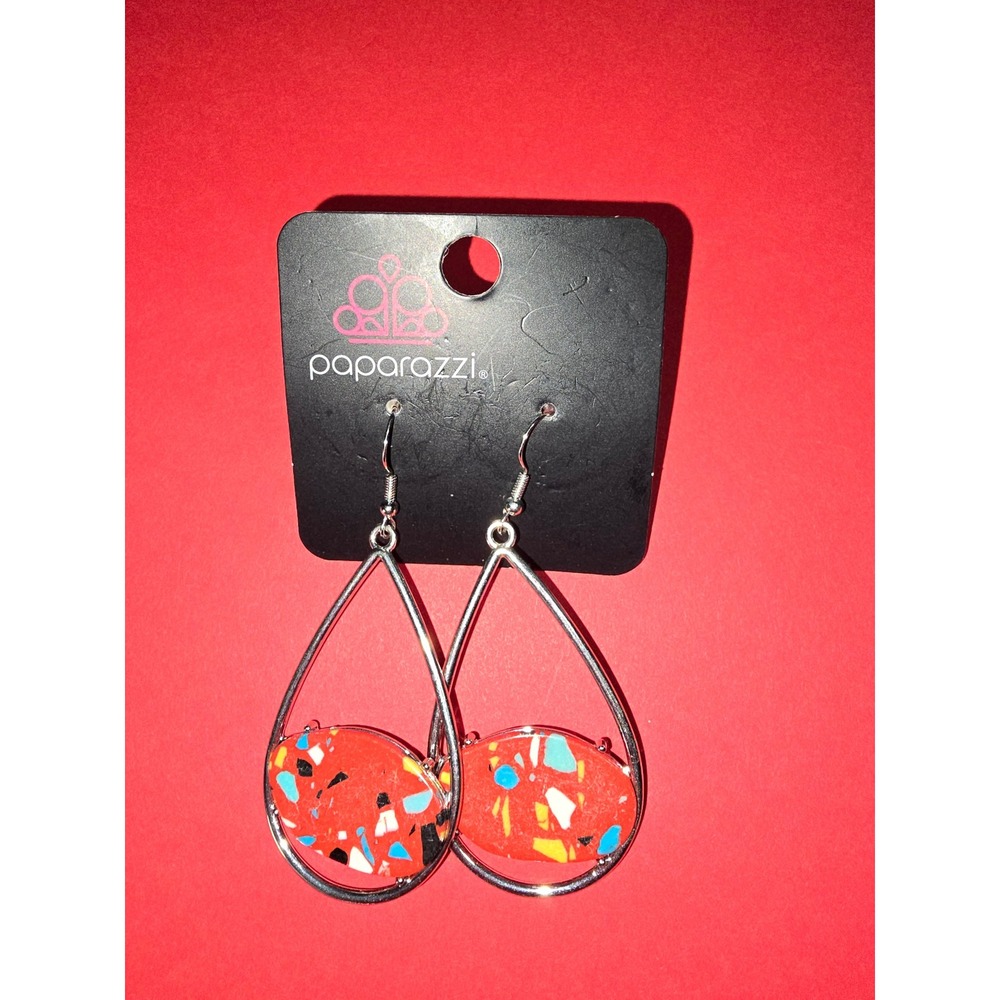 Paparazzi Earrings Bundle Red Terrazzo Rhinestone Hoops Cork Teardrop 3 Pairs